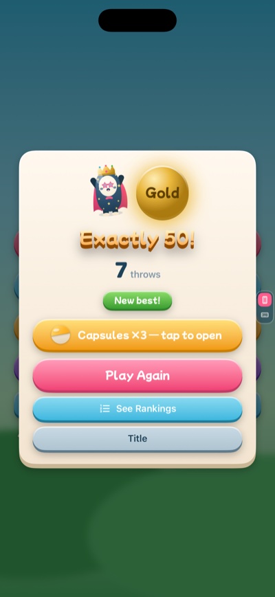 Result screen with throw count and medal